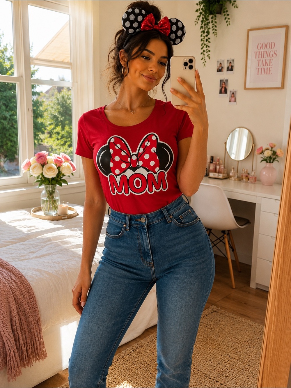 Disney Minnie Mouse MOM Graphic Tee Womens Large Red Shirt w Minnie Ears